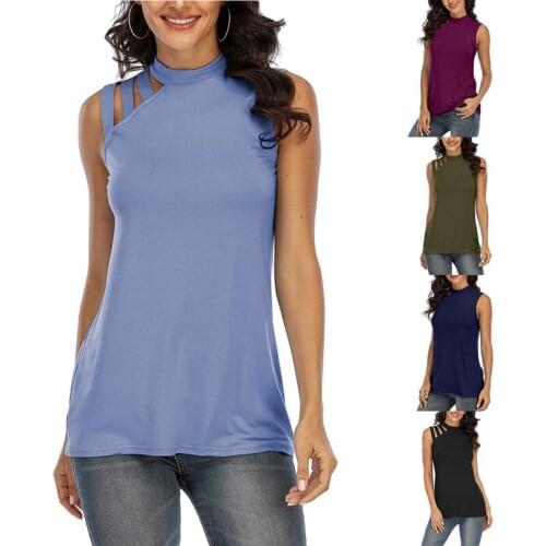 Hot Kf-Womens Fashion Solid Color Round Neck Sleeveless Off Shoulder Vest T-Shirt Top