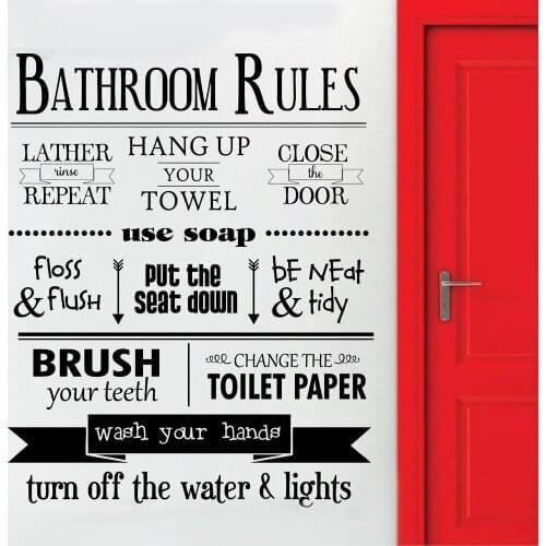 Bathroom Rules Wall Decal Modern Wash Quotes Vinyl Waterproof Window Wall Stickers Toilet Home Decoration Artistic Murals Y784