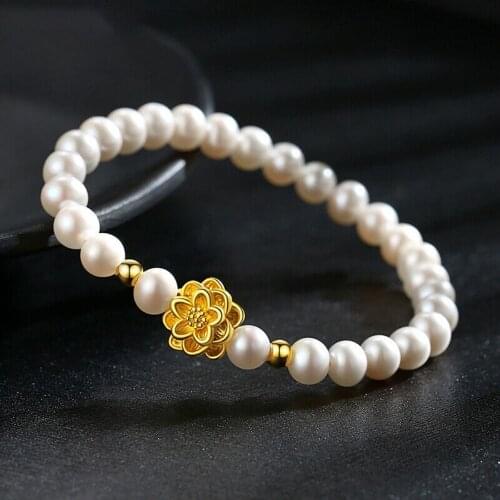 Genuine 24K Yellow Gold Lotus Flower with 6mm Freshwater Pearl Bracelet Length from 5" to 9.8"