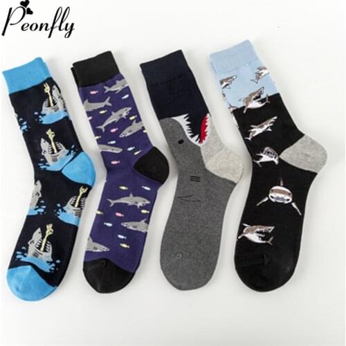 Peonfly Streetwear Novelty Happy Harajuku Hip Hop Shark Sea Fish Pattern Art Designer Men Socks Cotton Calcetines