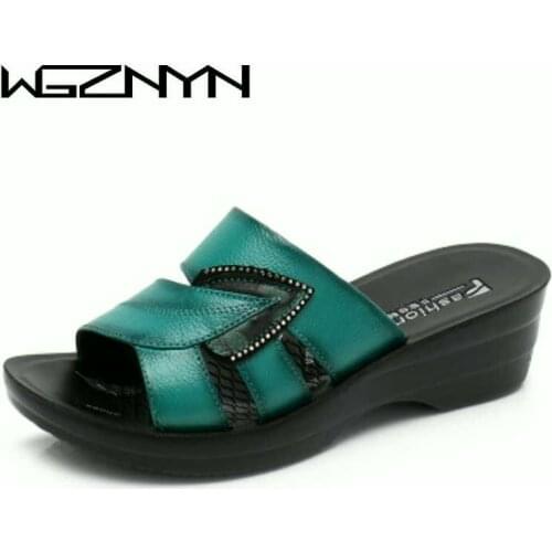 WGZNYN New Hot Sale Shoes Woman Summer Slip On Leather Open Toe Sandals Women Flip Flops Wedges Platform Ladies Beach Shoes W405
