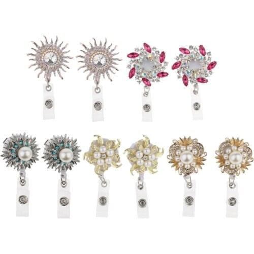 Beautiful Glitter Rhinestone Pearls Alloy Alligator Swivel ID Badge Holder Reel Name Tag Card Clip Gift