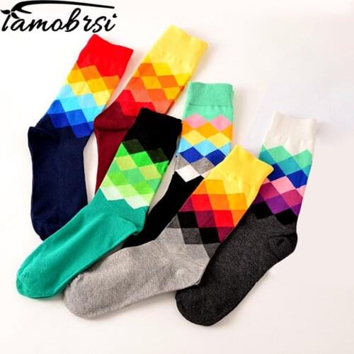 Rhombus Gradient Geometry Lattice Funny Happy Socks British Style Womens Socks Pure Cotton Sokken Stripe femme Meais