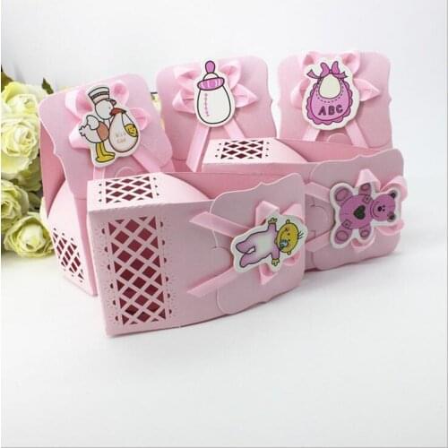 Pink Laser cut baby girl Candy Box Bib milk bottle bear DIY Christening Baby Shower Party Favor Boxes Paper Gift box