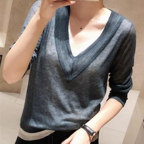 Woolen V-neck Thin Casual Knitted Pollover Sweater for Woman 2021 Spring Autumn Designer Luxury Female Jersey Jumper Vintage