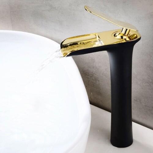 Bathroom Basin Faucet Black and gold Brass Sink Waterfall faucet Single Hole Cold Hot Water Tap Basin Faucet Mixer Tap Torneira