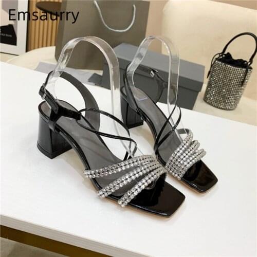 Rhinestone Narrow Band Ankle Strap Sandals Women Hoof Heel Real Leather Fretwork Sexy Open Toe Summer Sandalias