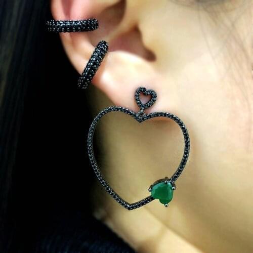 Bohemian Big Heart Hoop Earring Black Gold Ear Cuff Ear Green Blue Love Heart Cubic zirconia Party Punk Women Fashion Jewelry CZ