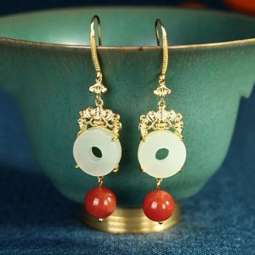 New silver inlaid natural Hetian white jade earrings Chinese classical style elegant charm light luxury womens brand jewelry