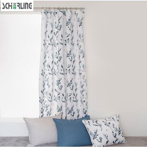 Europe Design Polyester and Cotton Fabric Curtains with Leaves Printed French Window Curtains White Green Color decoration