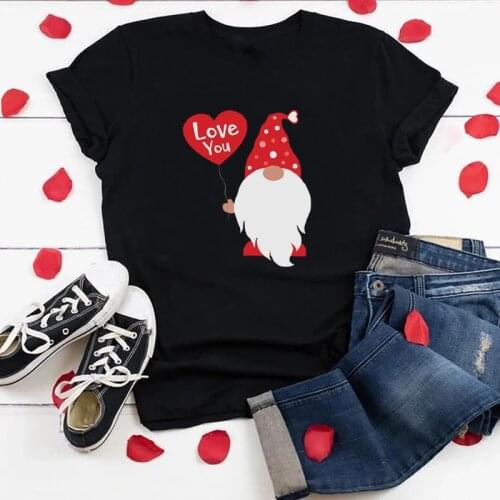 Woman Tshirts Tops Valentines Day Love Gnome Printed Short Sleeve Loose Neck Femme T-shirts 35% Cotton Holiday Kawaii Cute Tops