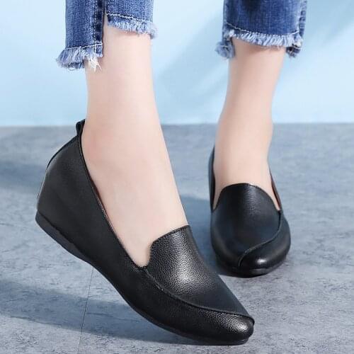 Tilocow 2020 Fashion Genuine Leather Slip-On Women Shoes Solid Increased Within Chaussures Femme Platform Pointed Wedge Shoes