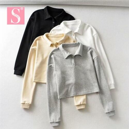 STVY 2020 Autumn Women Three Buttons Turn-down Collar Long Sleeve Short Style Sweatshirts Casual Female Pullover Tops Sudadera