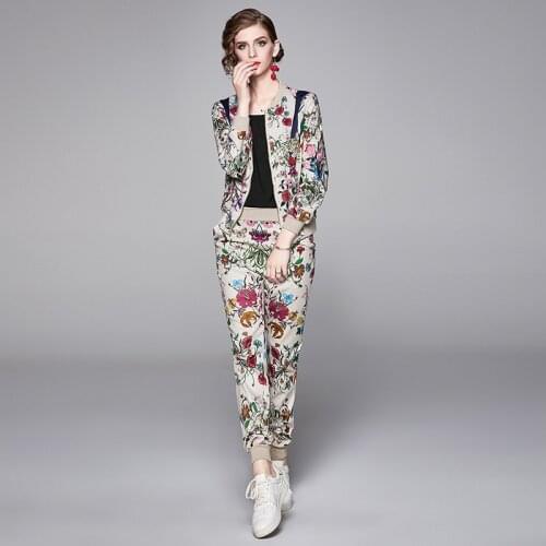 Banulin Two Piece Set Women 2020 Fashion Autumn Winter Tracksuit Long Sleeve Floral Zipper Jacket Coat Top + Long Pants Set