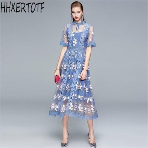 Summer Runway Flower Embroidery Dress Womens Flare Sleeve Floral Hollow out Embroidered Long Mesh Dresses