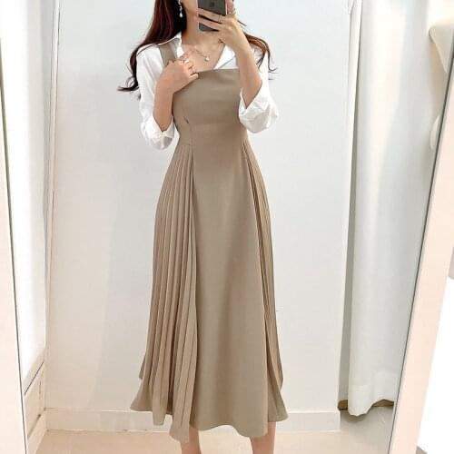 Vestido De Mujer Korean Chic Sexy Slim Temperament Khaki Square Collar Sleeveless Pleated Dress Women Tank Fashion Wild Strap