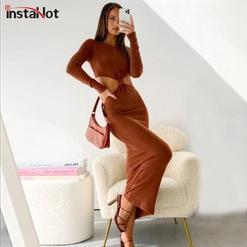 InstaHot Hollow Out Waist Women Dress Long Sleeve Slim Elegant Casual Streetwear Vintage Sexy Bodycon Lady Dress Party Club 2021