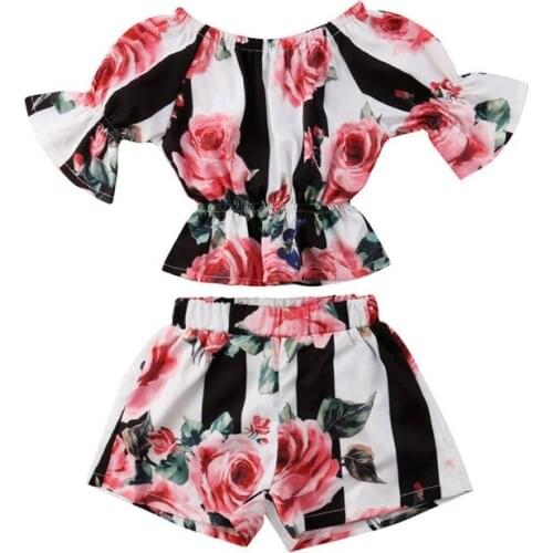 2019 Fashion Toddler Kids Girls Stripe Floral Tunic Tops Shorts Outfits Set Clothes Summer