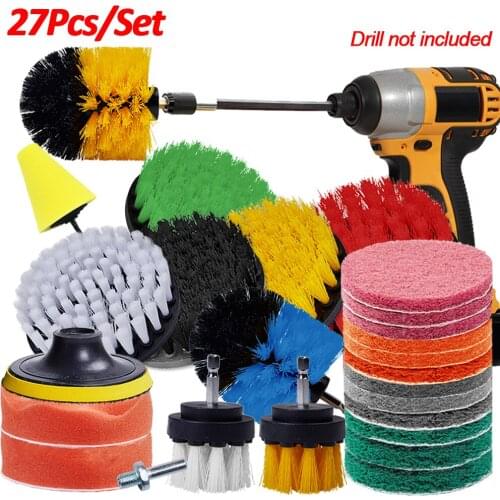 27Pcs/Set Electric Drill Brush Kit Cleaning Brush For Car Tire Kitchen Scrub Polishing Pad Detailing Brush Car Cleaning Tools