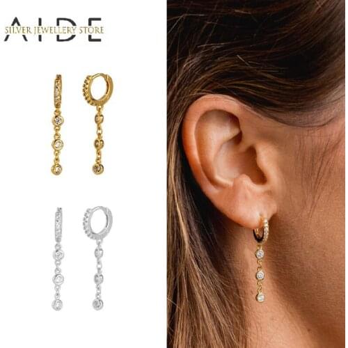 AIDE 925 Sterling Silver Zircon Tassel Pendientes Hoop Earrings For Women Trendy Piercing Huggie Earings Fine Jewelry kolczyki