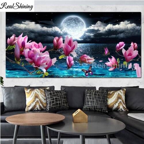 Diamond Painting Cross Stitch Bright moon at blue sea Full Diamond Embroidery 5D DIY Picture Of Rhinestone Magnolia Flowers F791