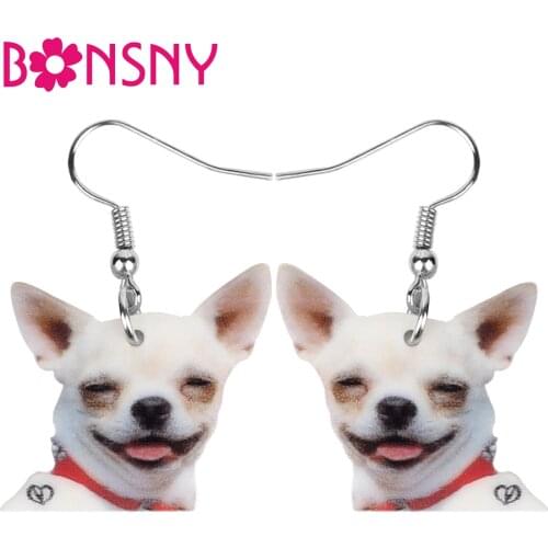 Bonsny Acrylic Smile Chihuahua Dog Earrings Big Printing Pet Animal Dangle Drop Jewelry For Women Girl Birthday Gift Decoration