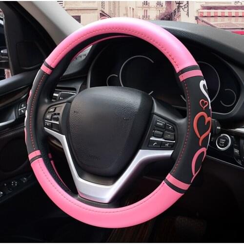 Cartoon Heart Steering Wheel Covers Microfeiber Leather Car Accessories For Girls Black Pink Cute Steering-Wheel Handle Cases