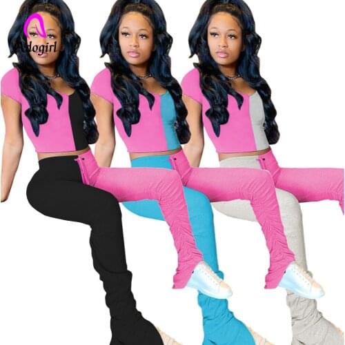 Color Block Two Piece Set Summer Women Tracksuit Crop Top and Stacked Pant Bell Bottom Womens Outfits Matching Sets Sweat Suits