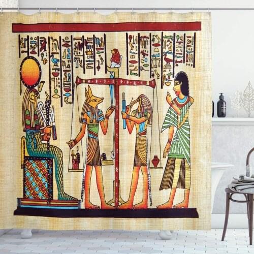 Ivory Paprika Egyptian Print Shower Curtain Papyrus Manuscript and Historical Scenery Picture Bathroom Curtain