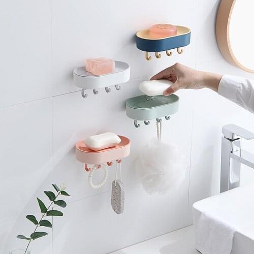Suction Cup Soap Holder Bathroom Soap Dish Trays Wall Soap Stand with Hooks Drain Hanging Rack Plastic Box Bathroom Organizer