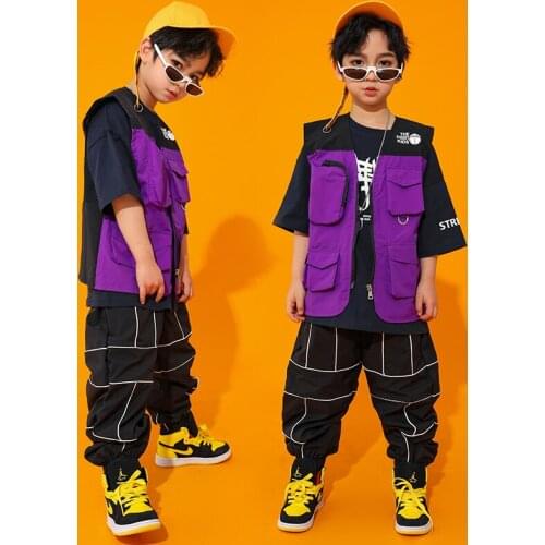 Kid Hip Hop Clothing Purple Vest Top Running Casual Pants For Boys Jazz Dance Costume Ballroom Clothes Street Dancewear DQS5431
