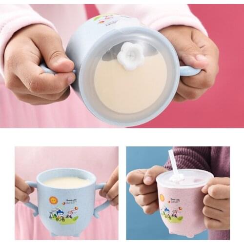 Baby Wheat Straw Feeding Cups Baby Learning Sippy Cups for Toddlers with Handle and Cover Leakproof Cup