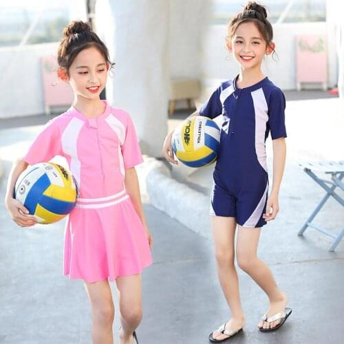 Children Swimsuit 2021 New One Piece Swimwear Short Sleeve Sun Block Quick-dry Little Middle Girls Swimming Suit Skirt 2 Colors