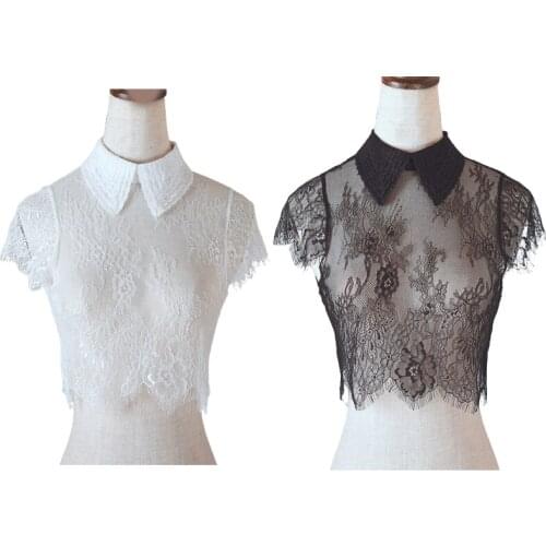 Women Eyelash Trimmed Floral Lace False Collar Cap Sleeves Sheer Lapel Detachable Half Shirt Blouse Solid Color Crop Top