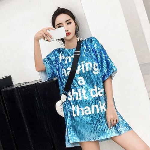 Sequined Mid-length T-shirt Summer New Trendy Brand Womens Letter Personality Fashion Loose Short-sleeved T-shirt Skirt