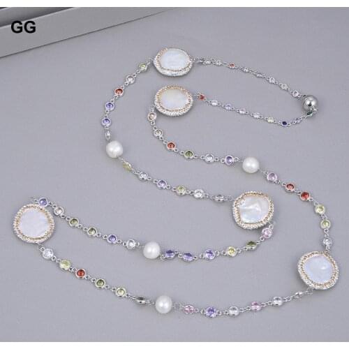 36'' White Coin Pearl Mixed Color Cz pave Chain Long Necklace