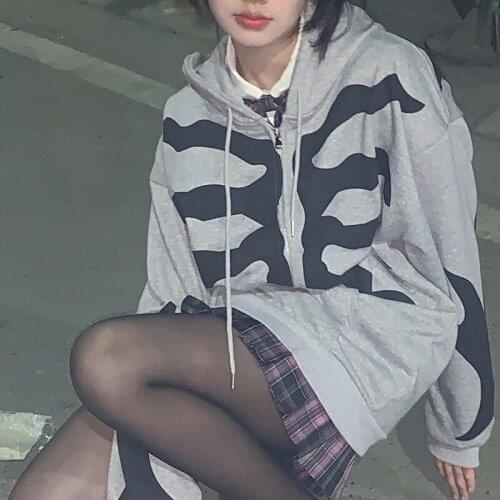 Zip-up Y2K Harajuku Anime Gothic Oversized Hoodies Korean Style Loose Skull Print Goth Grunge Long-sleeved Hooded Coat Vintage
