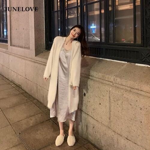 JuneLove Autumn Mid-length Womens Plush Knit Long Cardigan Temperament Sweater Pearl Accessories Long Sleeve Cardigan Outwears