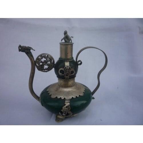 Collection Old Qing Dynasty silver&Jade teapot\flagon,Free shipping