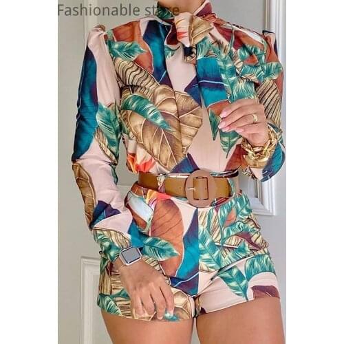 Two Piece Sets Leaf Print Puff Sleeve Top & Shorts Set