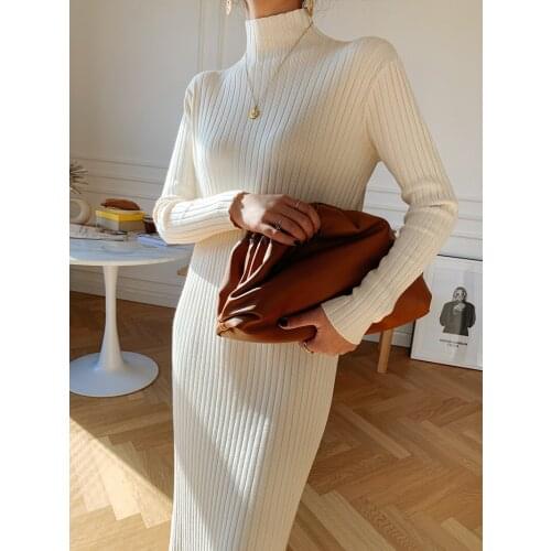 Korean Warm Solid Turtleneck Thick Woman 2021 Autumn Knitted Pollover Winter Jumper Dresses New White Sweater Dress Women Black