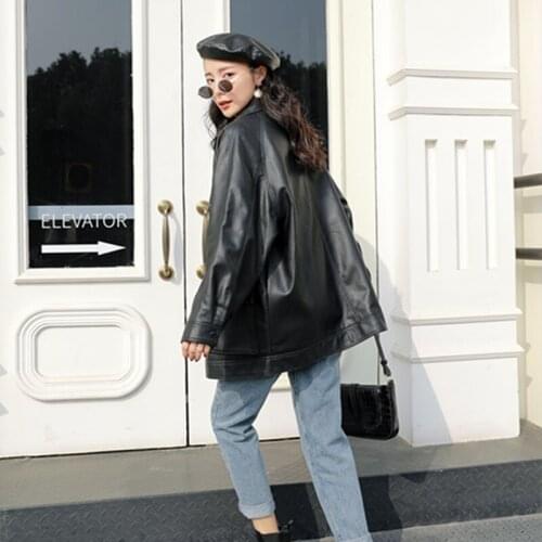 Spring Autumn Four Big Pocket 2020 Chic Loose Design MotoBike BF Vintage Retro Women Lady Pu Leather Jacket