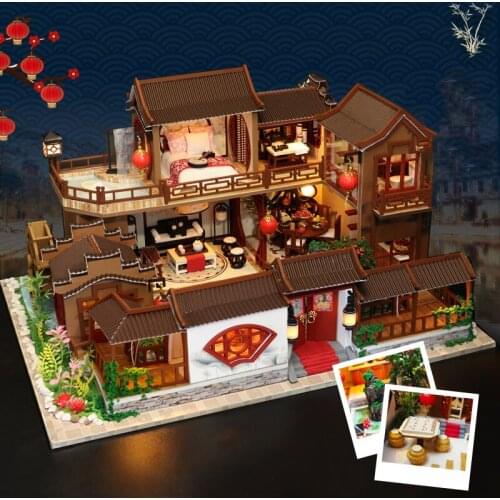DIY Wooden Dollhouse Kits Miniature with Accessories Chinese Ancient Building Doll House Casa Assembled Toys for Adults Gifts