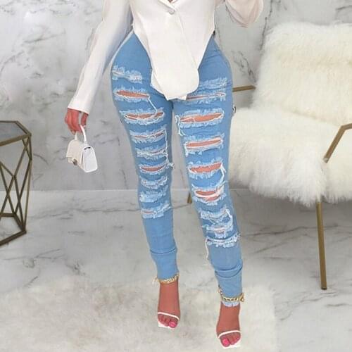 Fashion Hole Jeans Women High Waist Stretch Skinny Streetwear Denim Trousers Lady Blue Ripped Denim Pencil Pants 2021 Autumn New