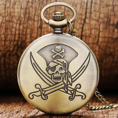 Fashion Bronze Pirate Skull Bone Theme Fob Pocket Pendant Watch With Necklace Gift Chain Clock Shipping