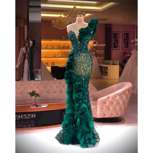 Trumpet / Mermaid One-Shoulder Floor-Length Organza Lace Green Celebrity Dresses With Beading