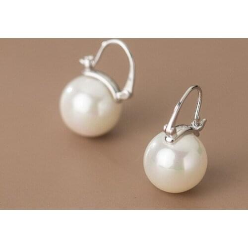Real. 925 Sterling Silver Fine jewelry Round Shell Pearl ear-bone hoop Leverback earrings Piercing C-G7102