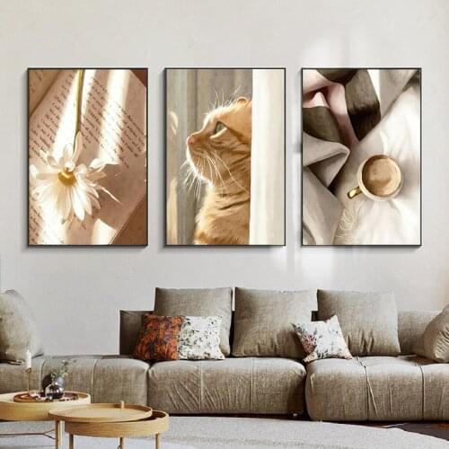 Nordic Small Fresh Cute Cat Beautiful Flower Maple Leaf Daisy Warm Canvas Painting Poster Wall Art Bedroom Living Room Home Deco