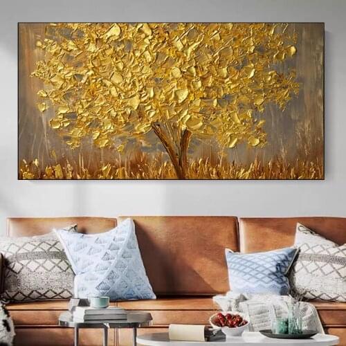 Textured Gold Money Tree Pic Hand Painted Modern Abstract Oil Painting On Canvas Wall Art For Living Room Home Decor No Frame