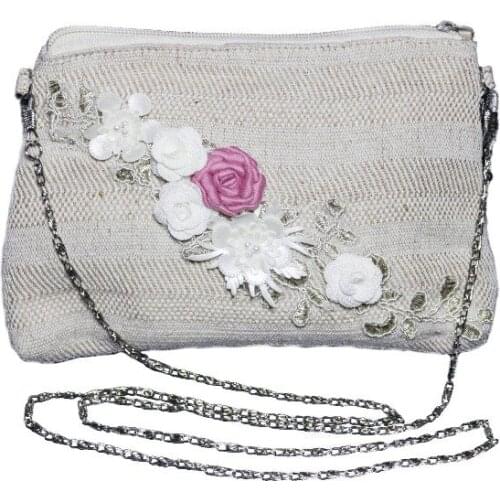2019 Hand Made New designer women Linen handbags female Hand made flowers Pearls 2 in 1 Purse Chain shoulder zipper Cosmetic bag